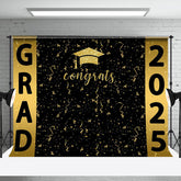 Aperturee - Congrats Golden Ribbons Black Graduation Backdrop